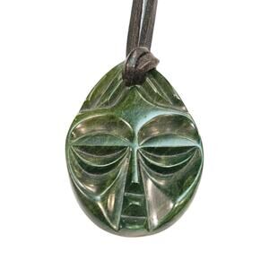 Hand-Carved Verdite Mask Pendant on Leather Cord Necklace | South African Style